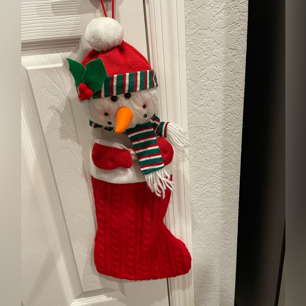 Vintage cable knit crocheted Christmas stocking w snowman topper hat & scarf
